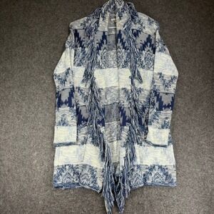 American Eagle Outfitters Womens M Aztec Cardigan Blue White Fringe Boho Knit